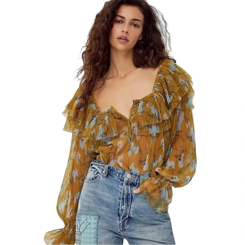 FREE PEOPLE FRILLS AND THRILLS RUFFLED TIERED SHEER FLORAL LONG SLEEVE CROP TOP